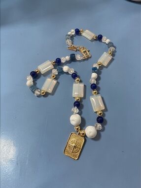 Opalescent & Navy Beaded Pendant Necklace - Gold Accent by Fucci Minnulli  NWT